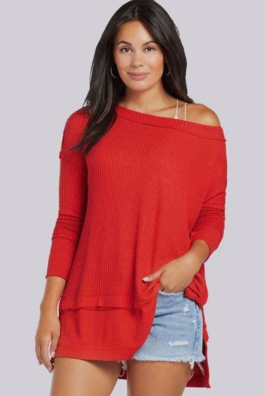 We The Free People Red Waffle Knit Wide Neck North Shore Thermal Top Sz XS